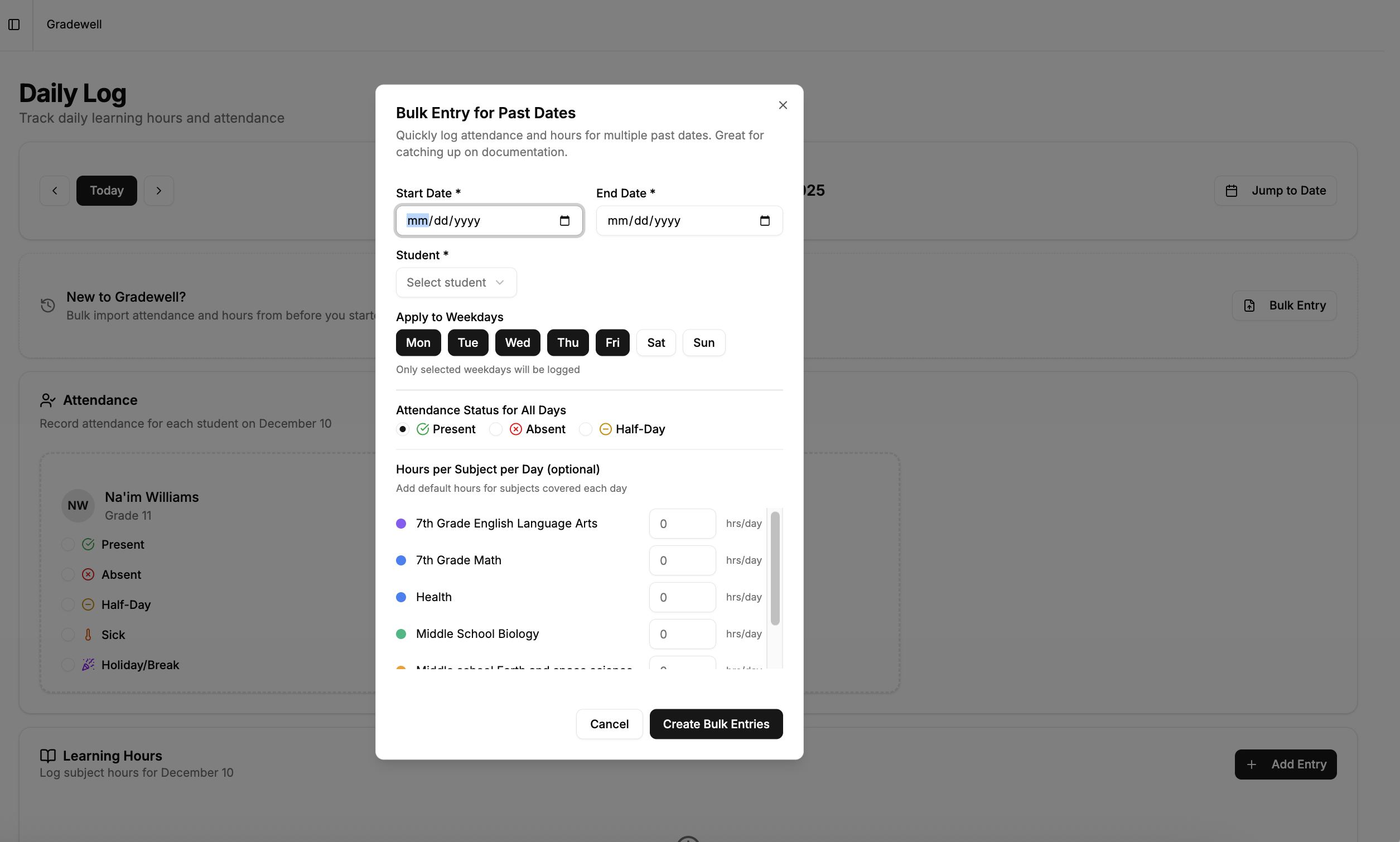 Attendance tracking with bulk entry feature for logging multiple days at once