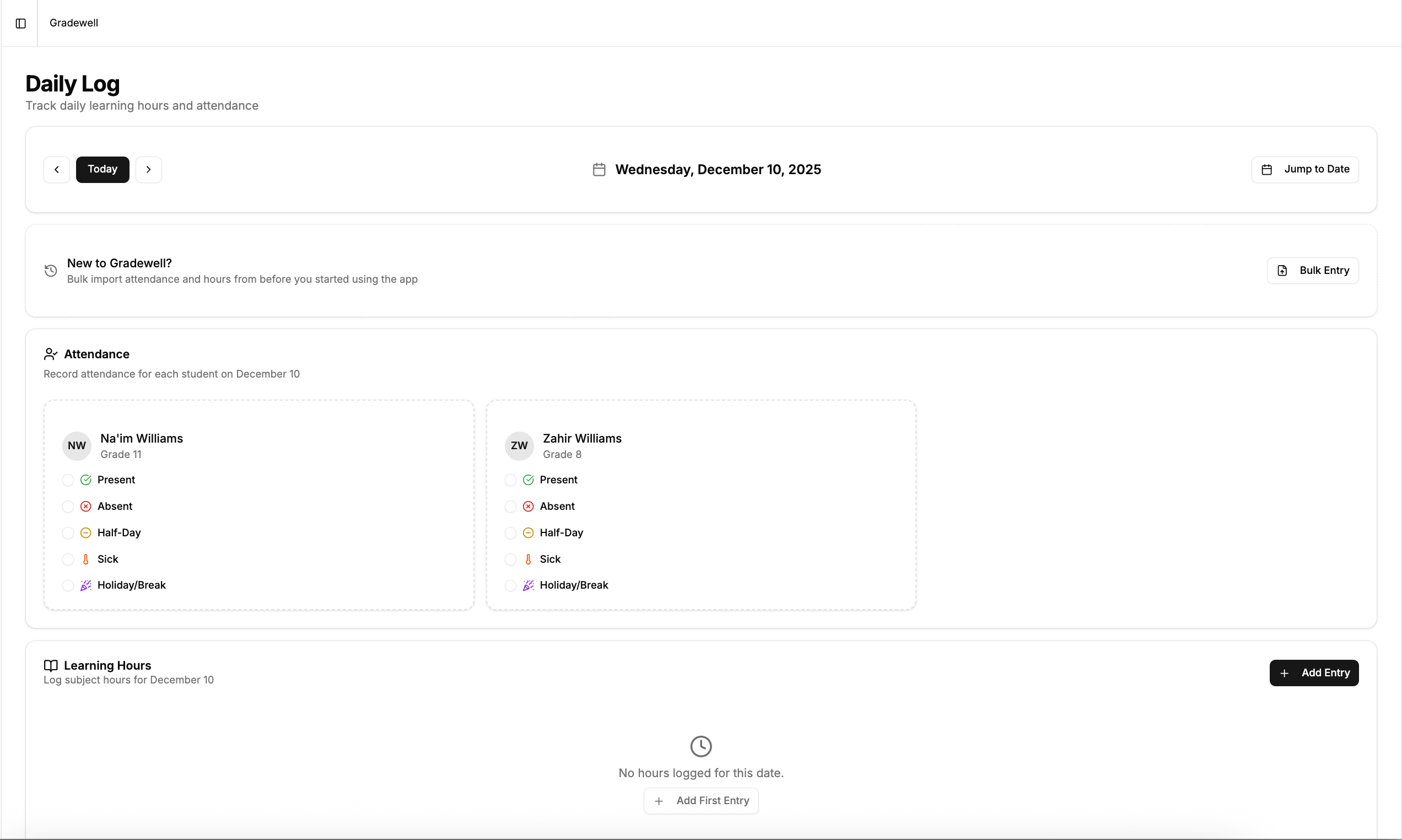 Daily log interface for tracking attendance and learning hours by subject