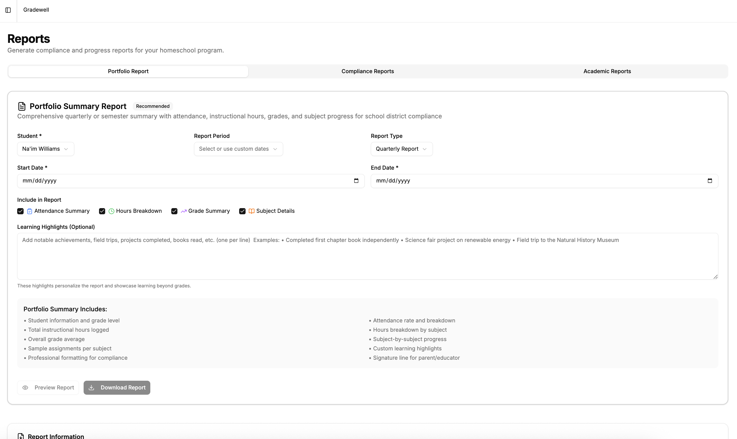 Reports page showing portfolio summary and compliance report generation options