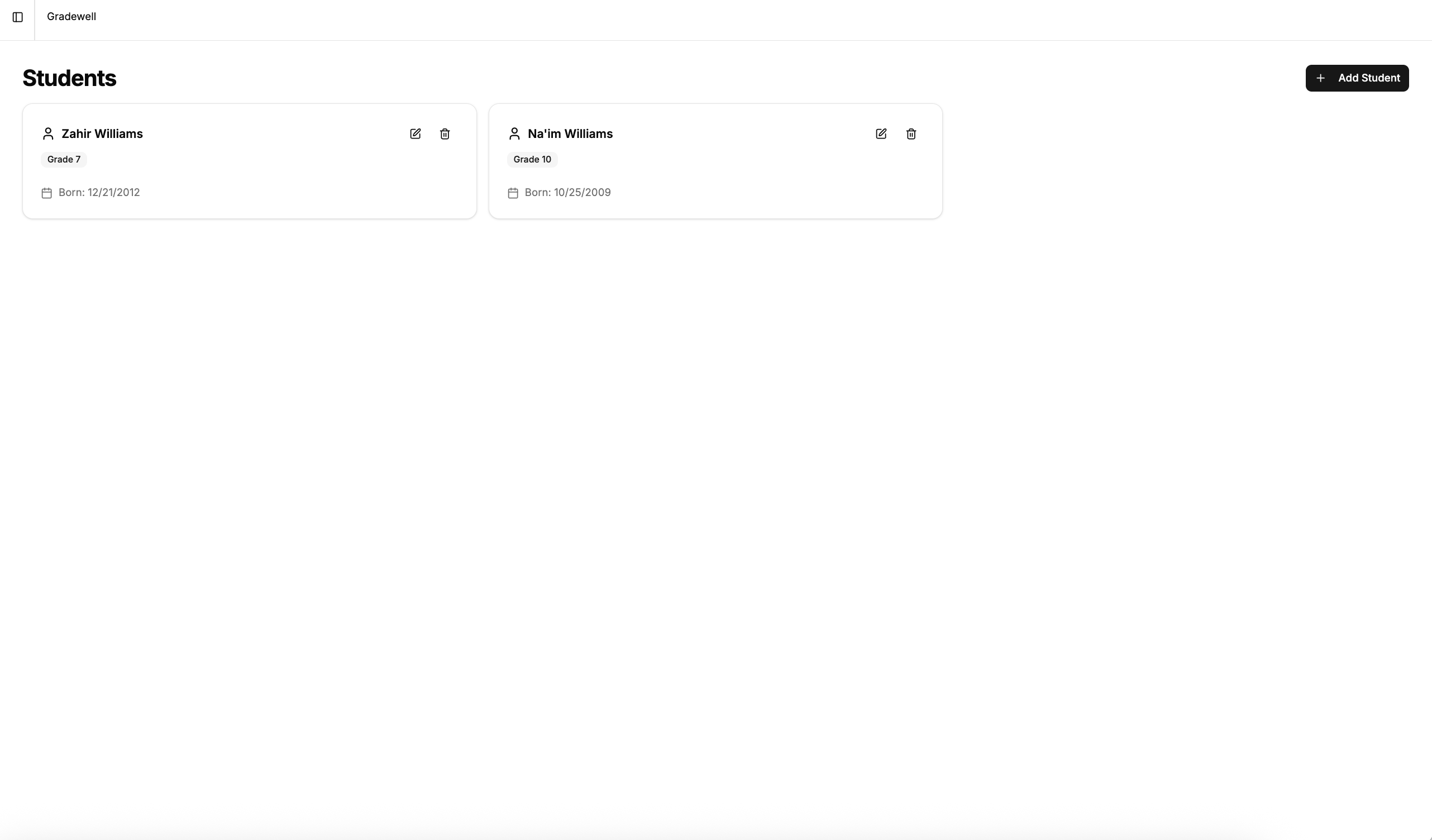 Students page showing multiple student profiles with grade levels and information